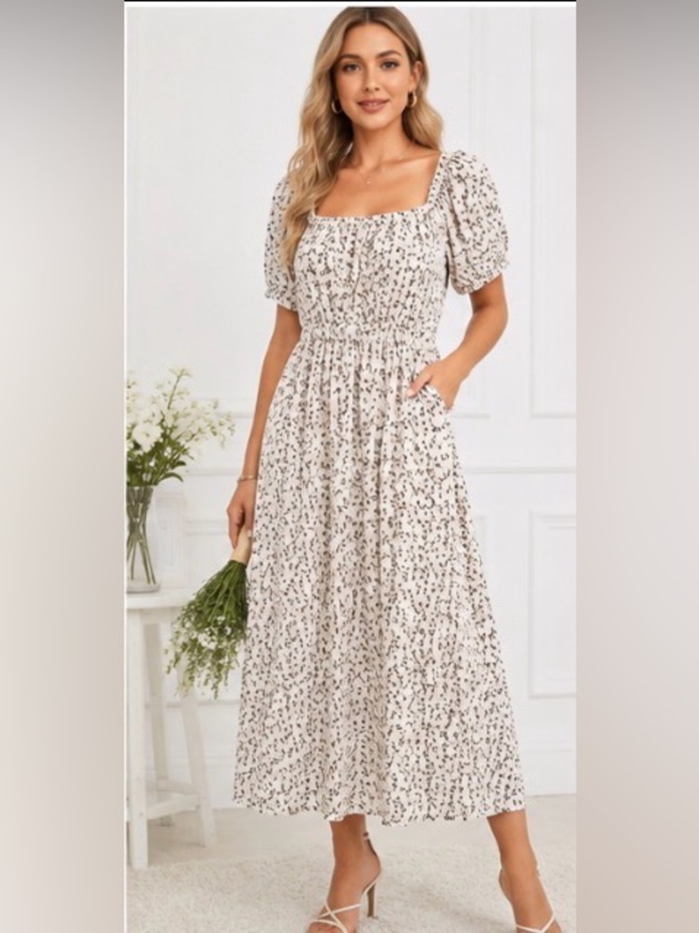 In February NWT Floral Puff Sleeve Midi Dress Pockets Small with pockets